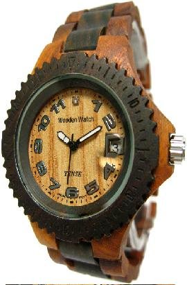 Tense Natural Wood Bracelet Round Watch Date Womens Two-Tone L4100SD
