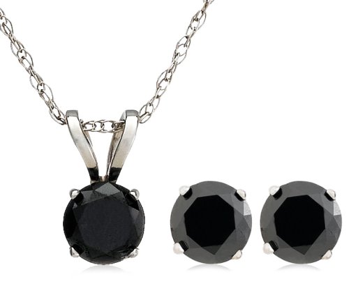 14k Choice of White or Yellow Gold Black Diamond Stud Earrings and Pendant Set (1 cttw)