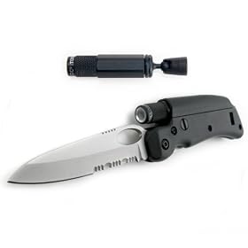 Tool Logic SL1 Tactical Folding 1/2 Serrated Knife With Hands-Free Magnetic LED Flashlight and Signal Whistle, Black