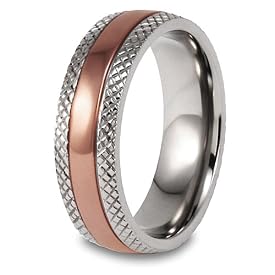 Grooved Rose Gold Plated Polished Titanium Ring (7mm) - Sizes 6 - 13