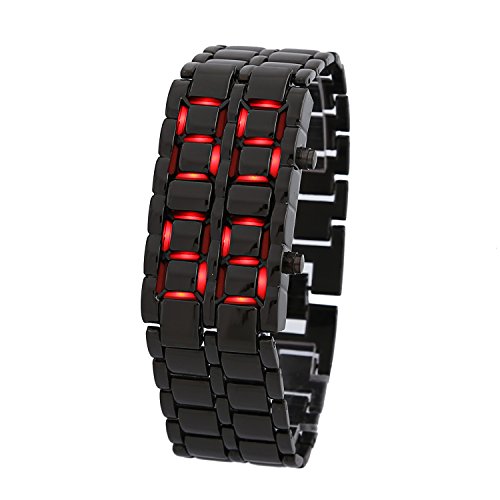 DAYAN Men's Lava Stainless Steel Bracelet Watch Black and Red LED Digital Watch