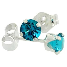 March Birthstone Aquamarine-Colored 4mm (0.25 Carat Each) Swarovski Crystal Sterling Silver Stud Earrings
