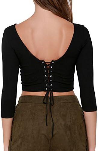 haoduoyi Womens Solid Full Sleeve Draw String Back Crop Tops T-shirt (S)
