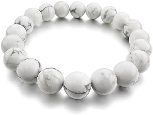 Natural Gemstone Bracelet Handmade with Round 8mm Beads 7" for Men and Women with velvet bag by Prana Stones (White Howlite)