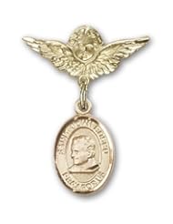 14K Gold Baby Badge with St. John Bosco Charm and Angel with Wings Badge Pin