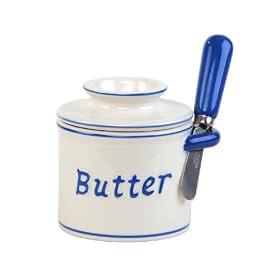 Butter Bell Bistro Crock with Matching Spreader, White with Blue Trim and Blue Spreader by Butter Bell