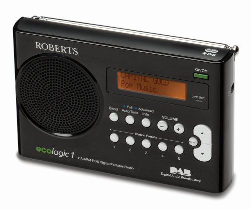 Roberts ECO1BK Ecologic 1 DAB/FM RDS Digital Radio with Built-in Battery Charger - Black