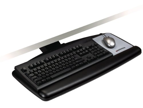 3MTM Keyboard Tray with Knob Adjust Arm, Tool-free Installation, 17-3/4 Inch Track, Gel Wrist Rests, Mousing Surface, Black