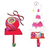 Glitterville Christmas Stocking Holders - Red Glitter Ornament Pink Tree - Set of 2