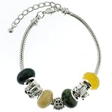 Charm Bead Set Bracelet in Mix of 4 (Green/Yellow Colors) Stone/Resin/Faceted Crystal Charm Beads and 3 Assorted Design Metal Charm Beads - 7" Bracelet - Sun - Butterfly - Cat - Lobster Clasp - Snake Chain