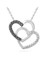 Sterling Silver Black and White Round Diamond Heart Pendant (0.01 Cttw)