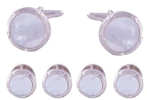 Tuxedo Cufflinks and Studs Set - White Pearl with Stainless Steel Trimming
