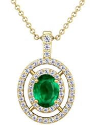 14K Yellow Gold Oval Cut Emerald And Round Diamond Pendant