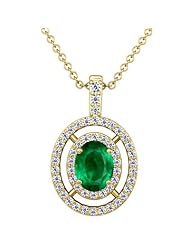 18K Yellow Gold Oval Cut Emerald And Round Diamond Pendant
