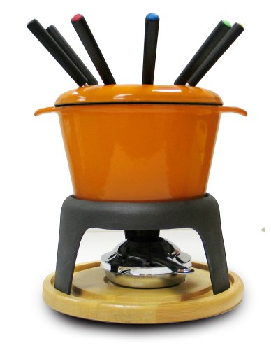Paylesscookware 12 Piece Enamel Cast Iron Orange Fondue Set