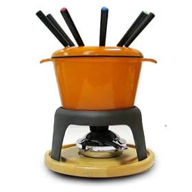 Paylesscookware 12 Piece Enamel Cast Iron Orange Fondue Set