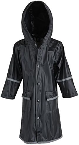 Big Boys Kids Waterproof Full Length Long Hooded Raincoat Jacket for Children - Black (Medium)