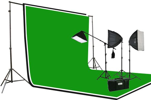 ePhoto 3pcs Chromakey Green, Black, White Muslin Background Backdrop Support Stand & Complete 3200 Watt Video Photography Studio Lighting Kit H604SB2-69BWG