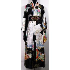 Shanghai Tongue� Geisha Kimono Robe Sleepwear w/ Obi Black One Size