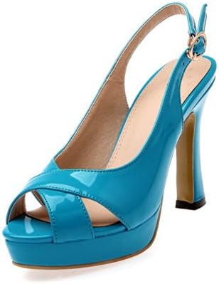 Vogue001 Womens Open Peep Toe High Heel Platform PU Patent Lether Solid Sandals with Buckle, Blue, 38