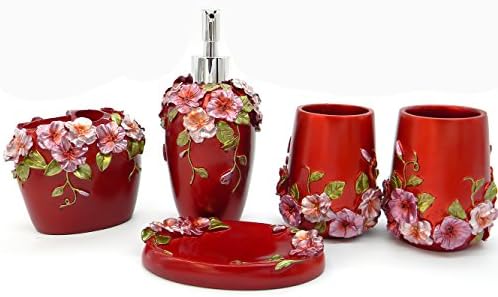 Outstanding Household Bath and Shower Accessory Set with Liquid Soap or Lotion Dispenser / Premium Metal Pump, Toothbrush Holder, Tumbler, Soap Dish（Romantic Flower,red）