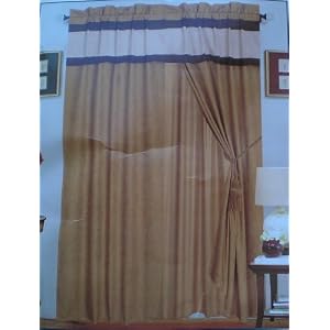 A Pair of Micro Suede Coffee Window Curtains Drapes Panels with Sheer Lining and Valance...