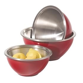 Oggi 3 Piece Stainless Steel Mixing Bowl Set with Plastic Exterior and Airtight Lid, Red