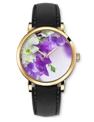 SPRAWL Aanalog Fashion Series Gold Ladies Watches of Genuine Black Leather Strap,Unique Wrist Watch for Women Girls Designed with Purple and white Lilies