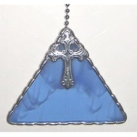 Blue Stained Glass Lamp & Ceiling Fan Pull Chain w/ Christian Cross