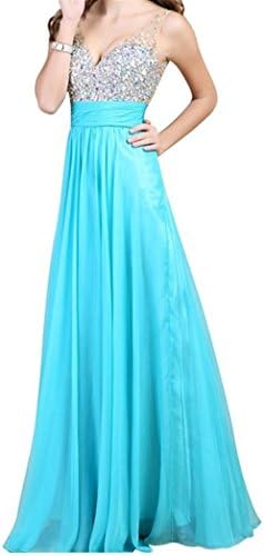 Queenworld Floor-length Gorgeous Chiffon Backless Beading Prom Party Dress US-10 Sky Blue