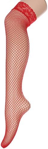 Women Ladies Sexy Lace Fishnet Thigh High Socks Stockings Hold Up Fancy Dress Red