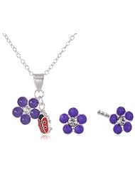 Kate & Lucy Girls Sterling Silver Enamel Flower Ladybug Necklace and Earrings Jewelry Set