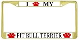 I Love My Pit Bull Terrier Paw Prints Dog Gold Metal License Plate Frame Holder