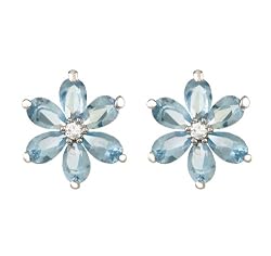 JanKuo Jewelry Silver Tone Aquamarine CZ Flowers with Six Oval Petals March Birthstone Stud Earrings with Gift Box