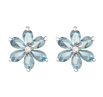 JanKuo Jewelry Silver Tone Aquamarine CZ Flowers with Six Oval Petals March Birthstone Stud Earrings with Gift Box