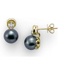 Tahitian Black Pearl Earrings with Diamonds in 14K Yellow Gold (8-9mm)