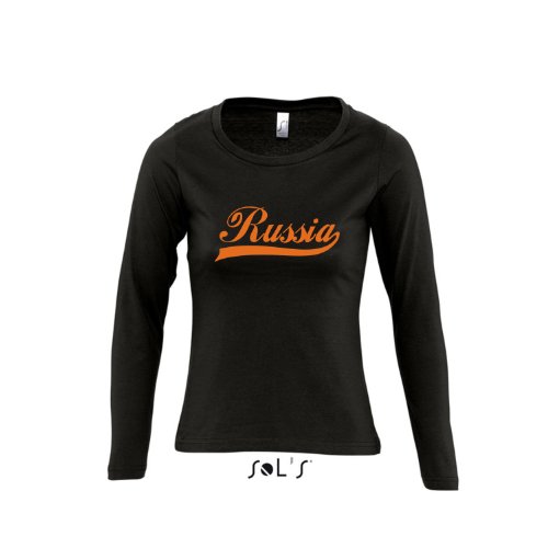 Russland Oldschool Russia LÄNDERSHIRT EM / WM FAN Trikot – Damen Langarm Longsleeve T-Shirt S-XL , Deep black – orange , S