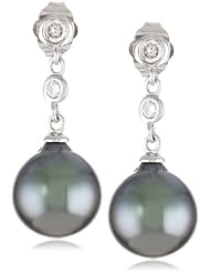 14k White Gold, Tahitian Cultured Pearl (9-9.5mm), and Diamond Drop Earrings (0.2 cttw, G-H Color, I1-I2 Clarity)