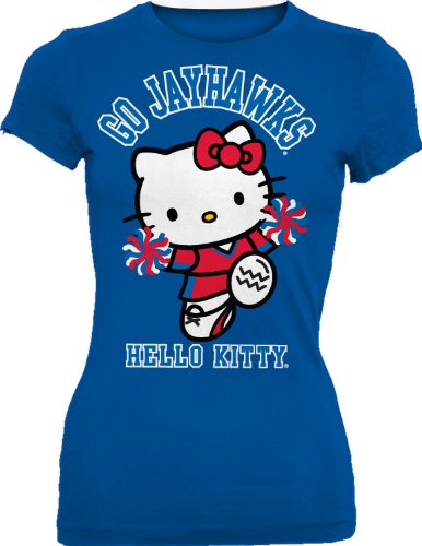 NCAA Kansas Jayhawks Hello Kitty Pom Pom Junior Crew Tee Shirt (Royal, Large)