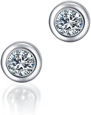Imuse 18K White Gold Plated Bezel Set Cubic Zirconia Round Shape Cut Sterling Silver Stud Earrings