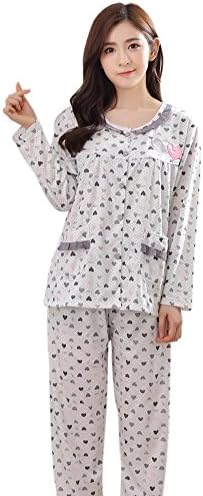 Women's Long Sleeves Heart Floral Button Down Cardigan Sleepwear Pajama Set Grey