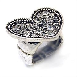 Crystal Heart Silvertone Large Stretch Ring