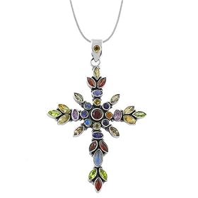 6.7 Carats Multi-Gemstone Sterling Silver Cross Pendant With 18" Snake Chain by 