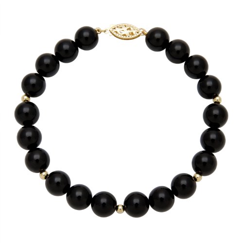 Click To 8mm Round Black Onyx Bracelet with 14K Gold Bead Spacers and Clasp Details... 8mm Round Black Onyx Bracelet with 14K Gold Bead Spacers and Clasp