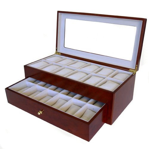Watch Box for 24 Watches Burlwood Matte Finish XL Wide Compartments Soft Cushions Clearance Large Watches Window