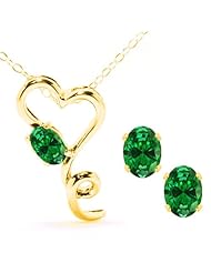 3.16 Ct Oval Green Created Emerald 14K Yellow Gold Pendant Earrings Set