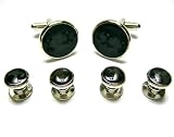 Carbon Fiber Silver Tux Tuxedo Cufflink & Stud Set w/Gift Box