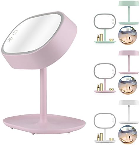 Dealpeak 3in1 Rechargeable Touch Sensor LED Lighted Magnifying Makeup Vanity Mirror Table Lamp with Storage Tray (Pink)