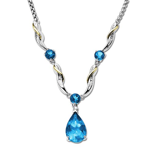 Sterling Silver and 14k Yellow Gold Diamond and Swiss Blue Topaz Necklace (0.02 cttw - I-J Color - I3 Clarity) - 15