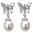 Sunlight Butterfly Pearl Drop Platinum Overlay CAREFREE Sterling Silver Earrings, White Sunlight Butterfly Pearl Drop Platinum Overlay CAREFREE Sterling Silver Earrings, White